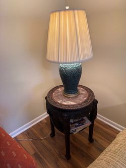 Vintage Asian Carved Wood Side Table with Marble Top – Ornate Accent Table