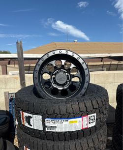 PACKAGE OF 4 new rims LOCK 17x8.50 6x139 offset 0MM model 50 CAL ➖ with 4 new tires 285/70/17 Falken  50,000 miles warranty all season tires