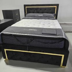 Pepe Black/Gold Velvet  Bedroom Set (King/Queen Bed, Dresser, Mirror, Chest, Nightstand) /P