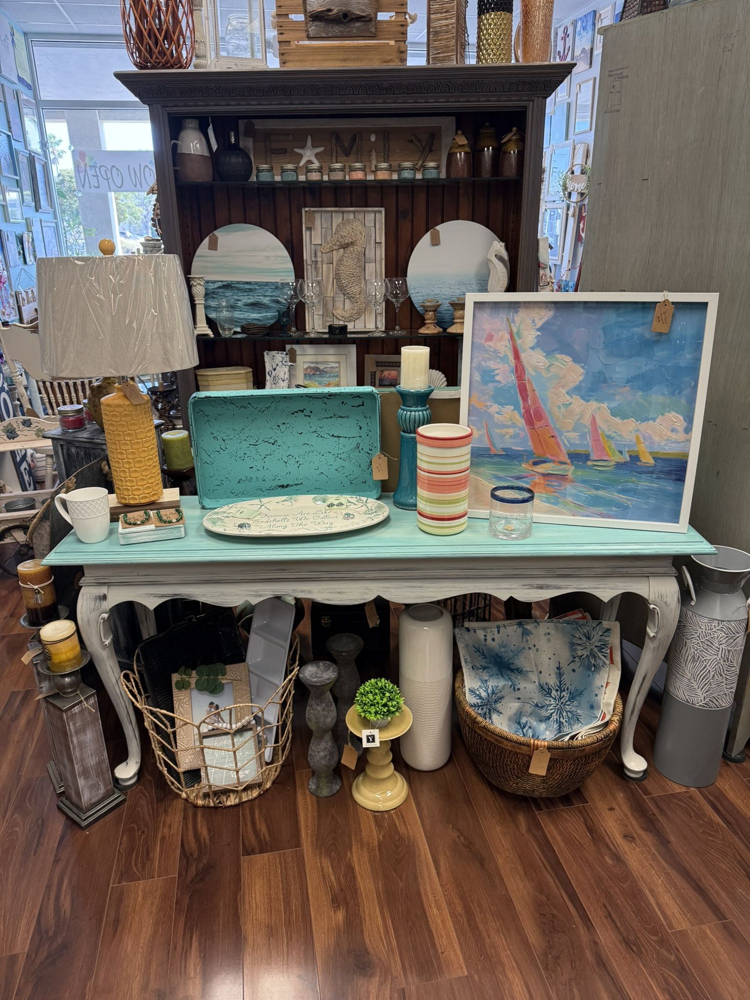 Hand-Painted Coastal Console Table – Distressed Seagull Grey & Aqua, Solid Wood Entry Way Table