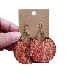Silver Toned Red Etched Wood Drop Earrings