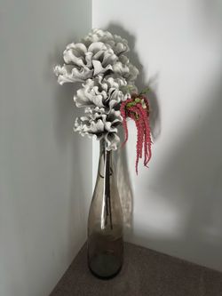 Large Smoky Glass Floor Vase with Oversized Floral Arrangement