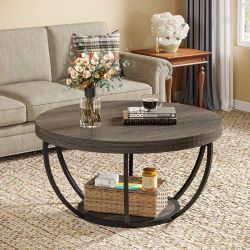 Round Coffee Table, 31.7" Wooden 2-Tier Circle Coffee Table with Storage Shelves, Modern Accent Cocktail Table Center Table for Living Room, Grey