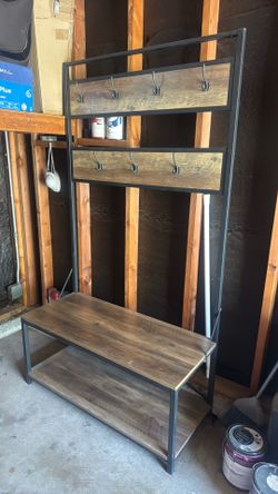 Mud room coat hanger with shelving unit