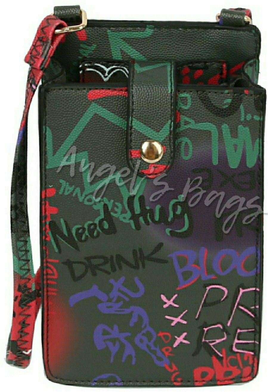 Black Multi Graffiti Print Crossbody Bag Cell Phone Purse