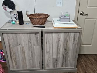 Gray Wood-Look Storage Cabinet with Doors  Bed
