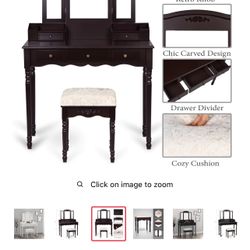 Makeup Vanity Table Set with Tri-Folding Mirrors & Cushioned Chair