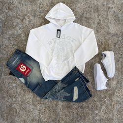 100% Authentic Sp5der Rhinestone Hoodie, Godspeed Jeans, NOCTA Air Force 1s