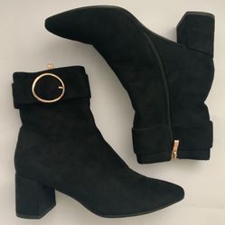 BLACK SUADE ANKLE BOOTS WITH ROSE GOLD BUCKLE