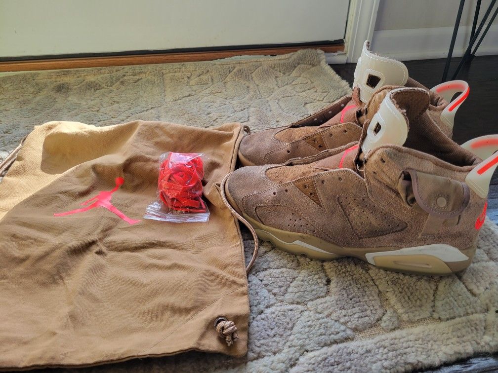 Jordan 6 British Khaki Men's Size 10 + Red Laces And Drawstring Bag