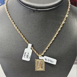 14k Hollow 22inch 3mm Chain And 14k Pendant 