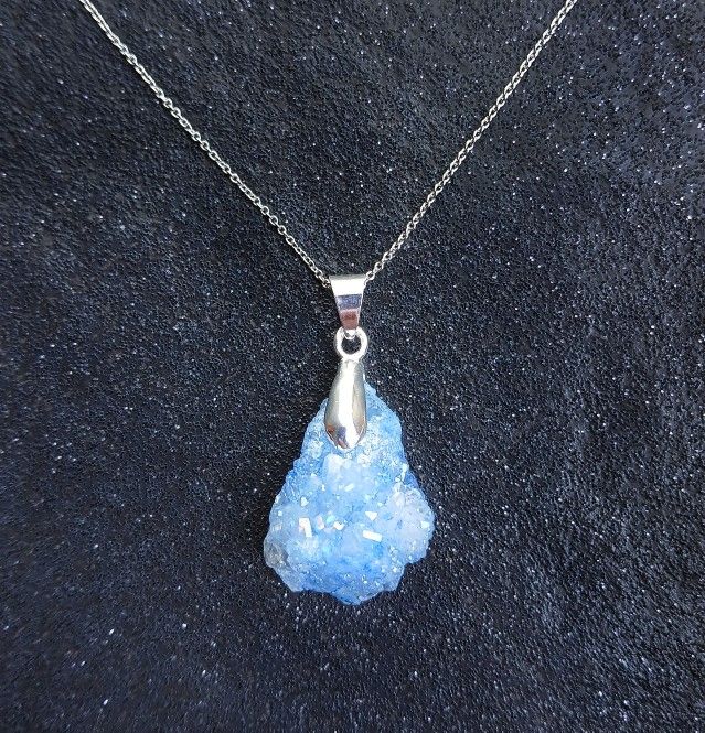 Sterling silver dainty blue aura quartz druzy necklace handmade new