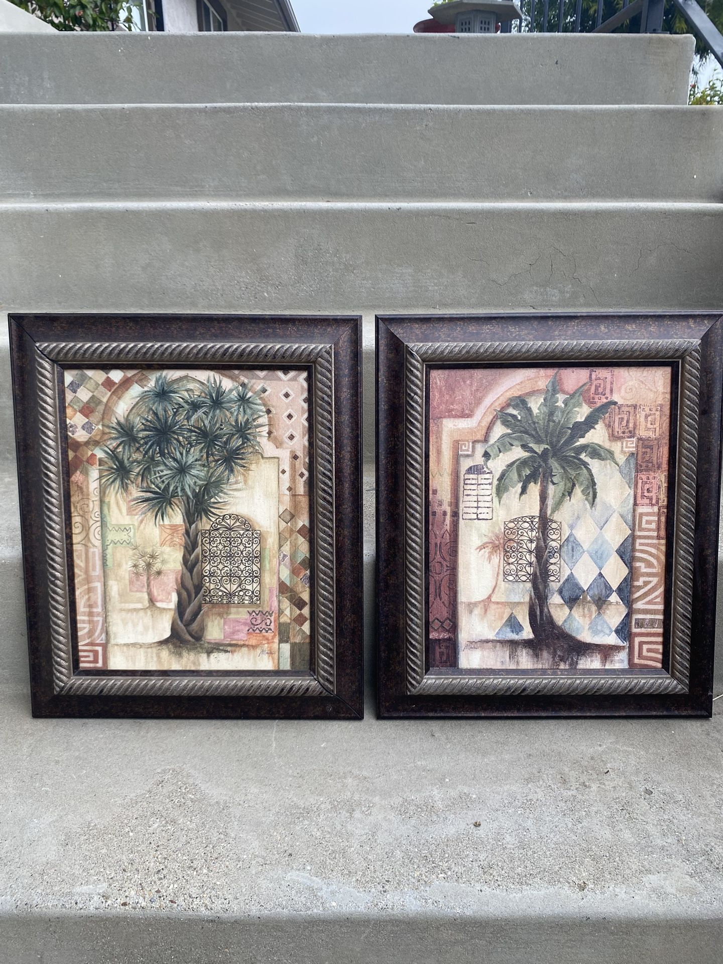 2 Vintage oil painting palm tree wall decor framed