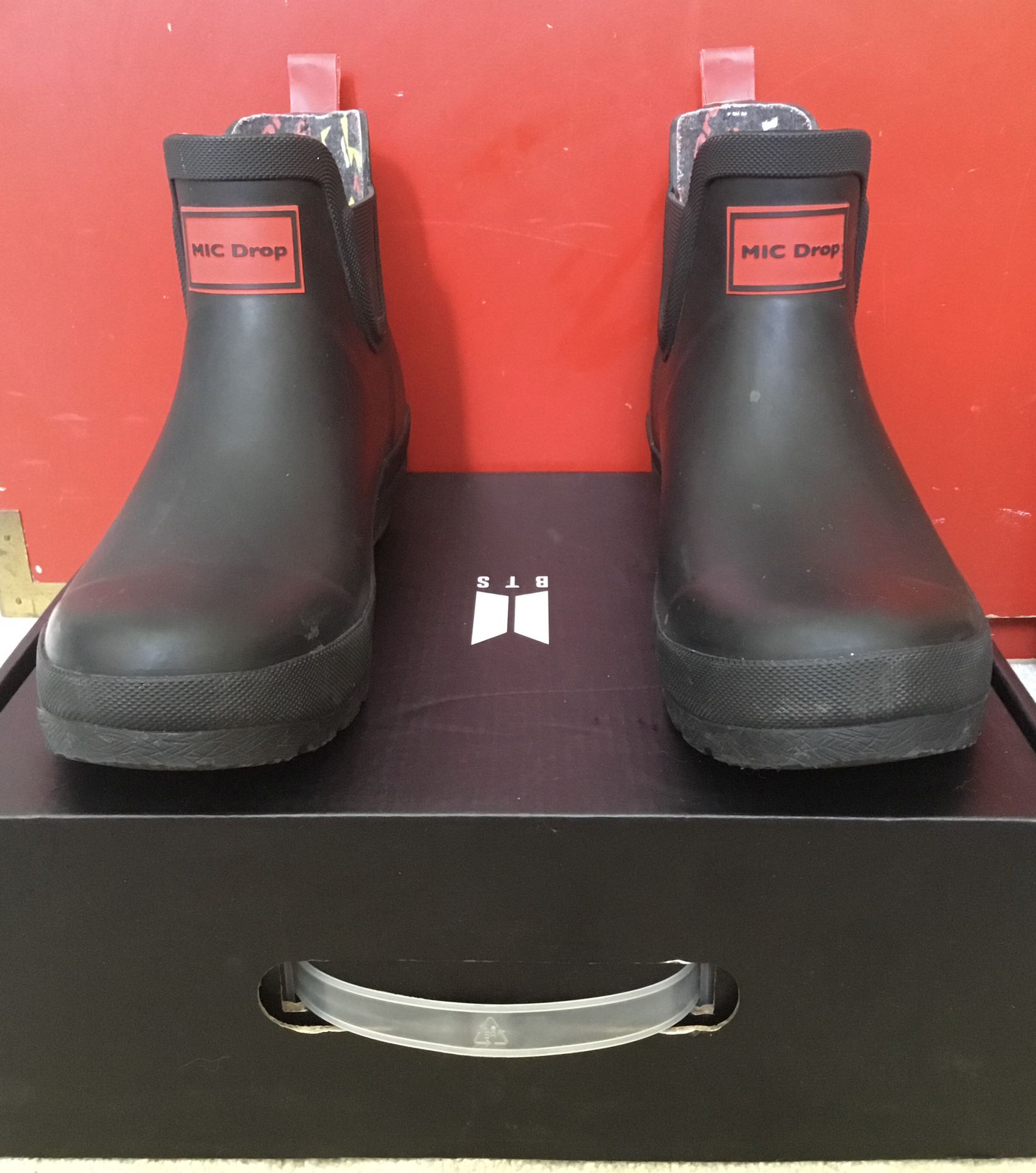 Mic drop BTS black rubber rain boots
