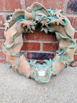 Vintage Verdigris Patina Outdoor Wreath Wall Sculpture Heavy Duty $45.00