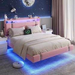 Floating Bed Frame with Storage Headboard, Modern pink Queen Size Bed Frame with LED Light and Charging Station, Upholstered Platform Bed Frame, No Bo