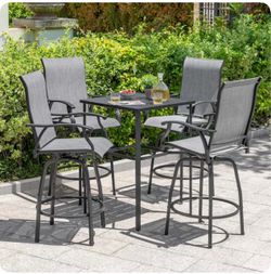 5-Piece Black Bar Height Patio Dining Set Iron Square Table with 4 Gray Swivel Chairs