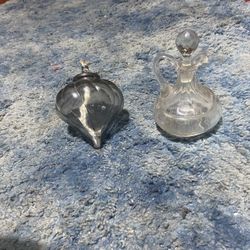 Vintage Oil Burning Odd Shaped Glass Also Vintage Pouring Glass Container With Intact Lid Both In Amazing Shape