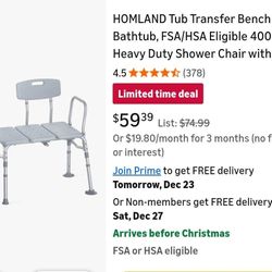 HOMLAND Tub Transfer Bench for Bathtub, FSA/HSA Eligible 400 lbs Heavy Duty Shower Chair with Backrest, Slip-Resistant Feet, Height Adjustable Shower 
