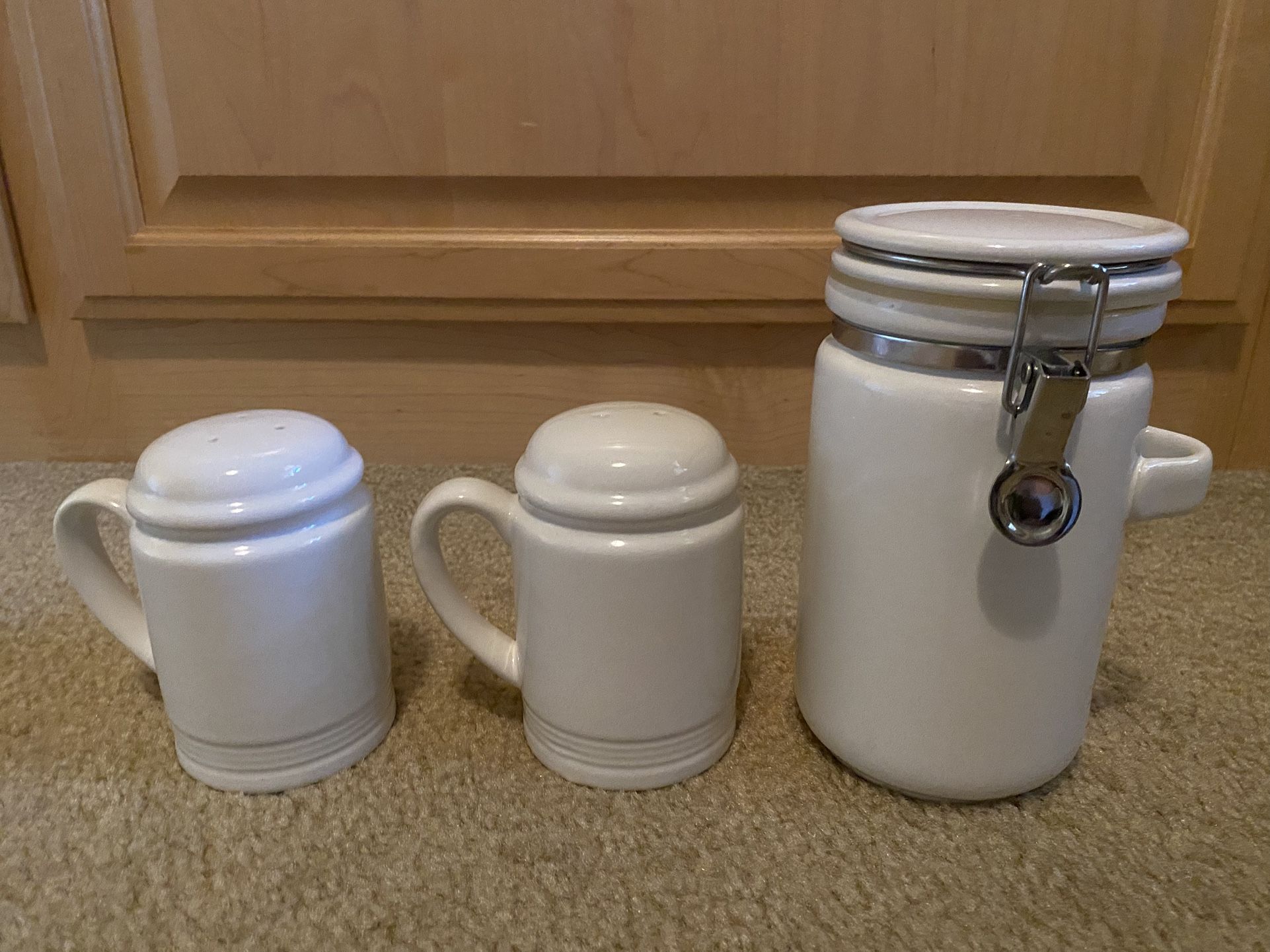 White Ceramic White Large Salt and Pepper Shakers and Canister