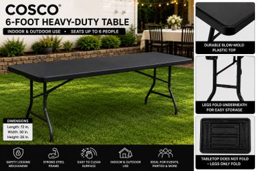 COSCO 6-Foot Heavy-Duty Folding Leg Table – Black – Indoor/Outdoor