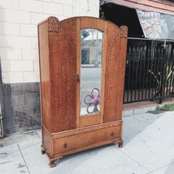 Vintage Oak Armoire Wardrobe W/ Mirror
