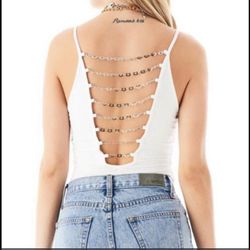 LF STORES EMMA AND SAM HEART CHAIN LADDER BACK BODYSUIT NWOT White ribbed material 