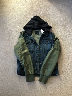 Denim Jacket with Hoodie (Black), Sleeves (Army Green). SIZE: M Men’s - Brand New