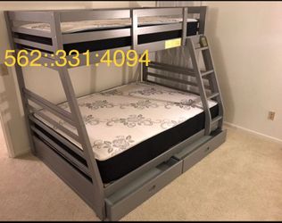 Literas. Cameron.   Gray Full/Twin Bunk Beds w/Mattresses