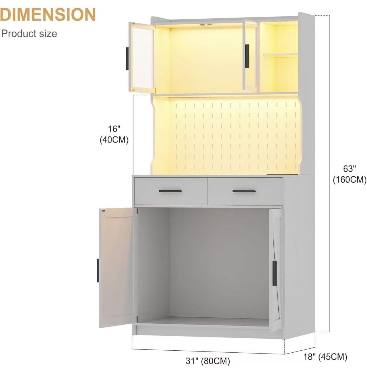 🥨LED Kitchen Pantry Cabinet with Outlets, Farmhouse Storage Cabinet with Drawers & Adjustable Shelves, 64" Cupboard with Pegboard and Hooks for Dinin