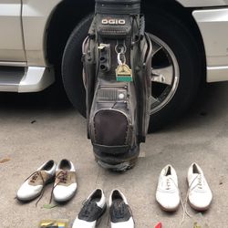 Golf shoes, bag, assorted clubs