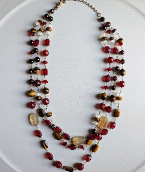 gorgeous necklace 3 strand choker red brown earth tone stones