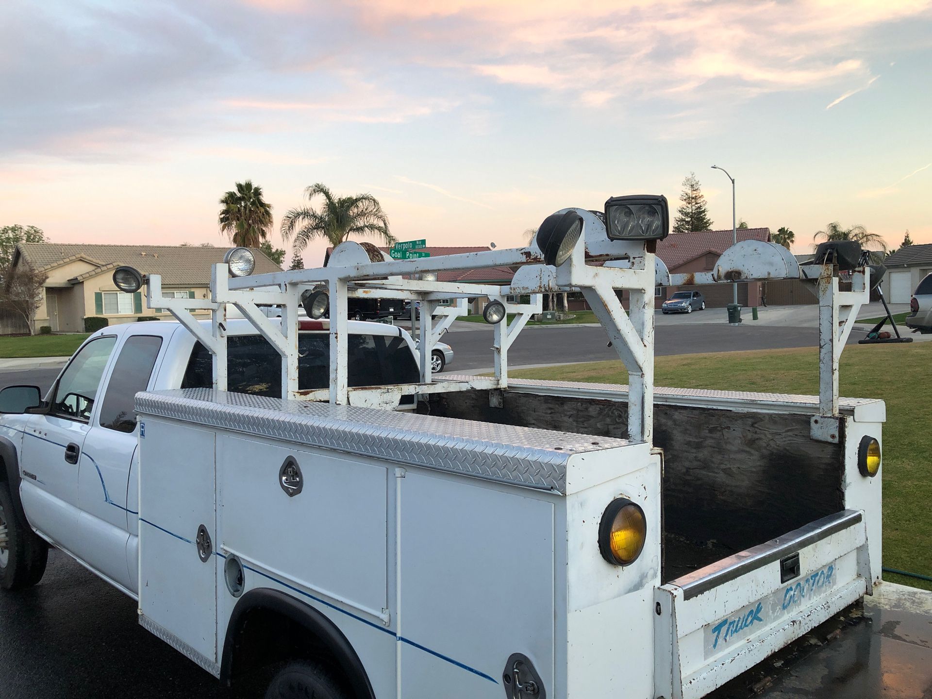 Nice heavy duty ladder rack with lights and spots for cords and hoses