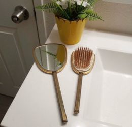 Vintage Vanity Mirror And Brush, Gold Tone