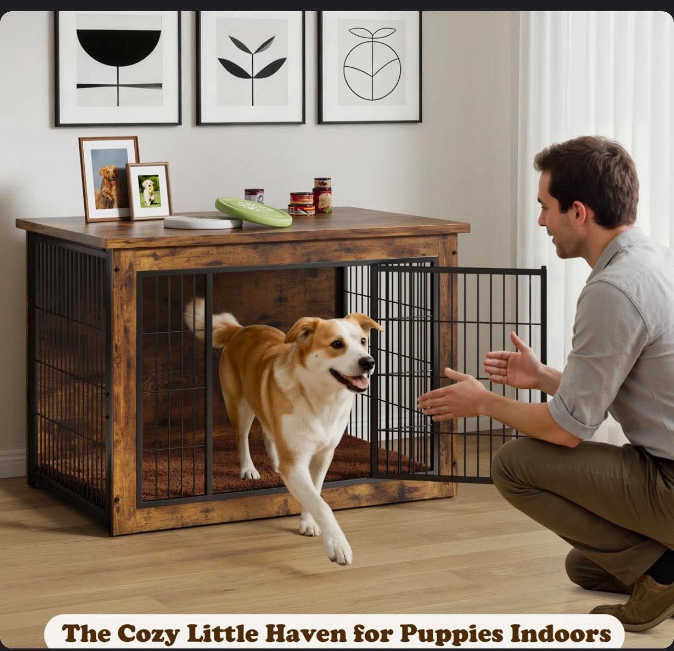 Wooden Dog Crate Furniture with Cushion, Double Doors, Heavy Duty Dog Cage (40 Inch ) D-32