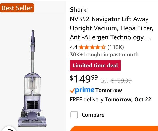 Shark NV352 Navigator Lift Away Upright Vacuum, Hepa Filter, Anti-Allergen Technology, Swivel Steering, Ideal for Carpet, Stairs, & Bare Floors, with