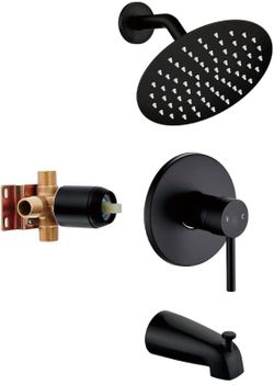 Black Tub Shower Faucet Set Complete with 6-Inch Rainfall Shower Head and Tub Spout Included Shower Valve Tub Shower Trim Kit Round Matte Black