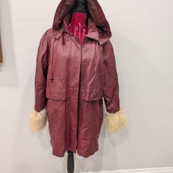 PHASE TWO Vintage Burgundy Genuine Leather Coat/Jacket with Faux Fur Trim Cuffs Women Size 1XL