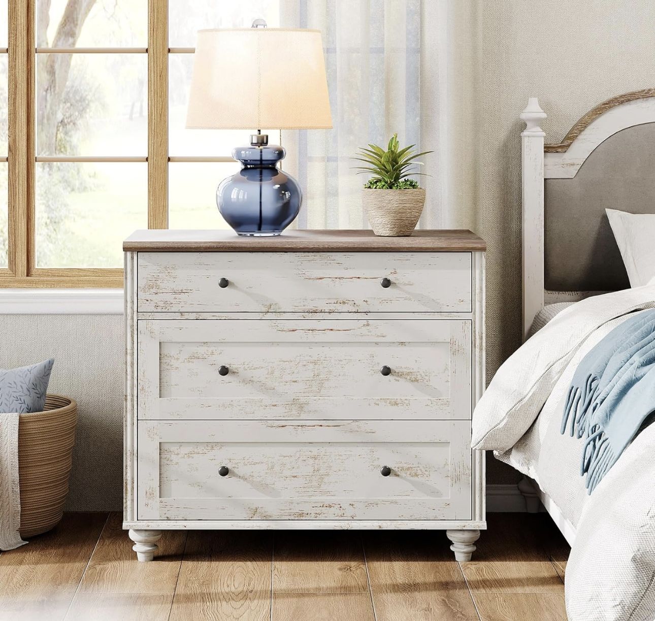 34 Inch Farmhouse Nightstand with 3 Drawers, Large Wooden Bedside Table, Wide Sofa Side Table with 3 Drawers, Dresser for Living Room, Bedroom, Rustic