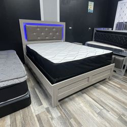 Queen Mattress Come With Light 💡 Bed 🛌 Frame (Headboard & Footboard) And Free Box Spring - Free Delivery 🚚 Today To Reasonable Distance 