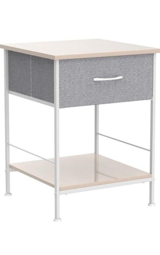Nightstand, End Table with Fabric Storage Drawer and Open Wood Shelf, Light Grey