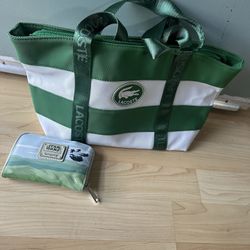 LACOSTE Striped Green White Waterproof Canvas Travel Shopping Tote Handbag