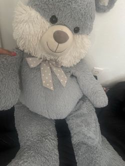 grey and white rabbit stuffed animal !