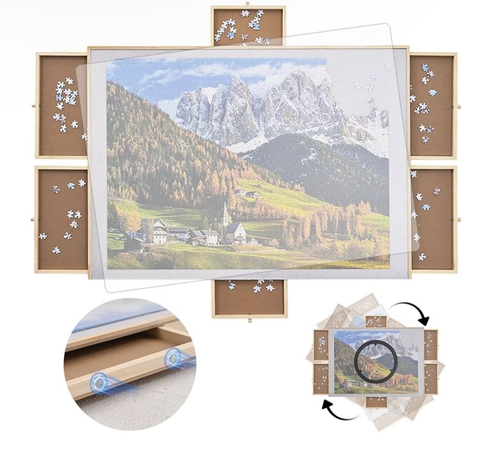 Puzzle Board,2000 Piece Puzzle Table Rotating with 6 Upgrade Magnetic Drawers and Cover, Wooden Jigsaw Puzzle Table with Lazy Susan, Anti-Slip 40 "x 2