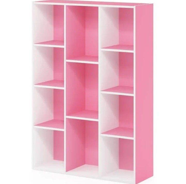 Bookcase Book Storage 11-Cube, White/ Pink