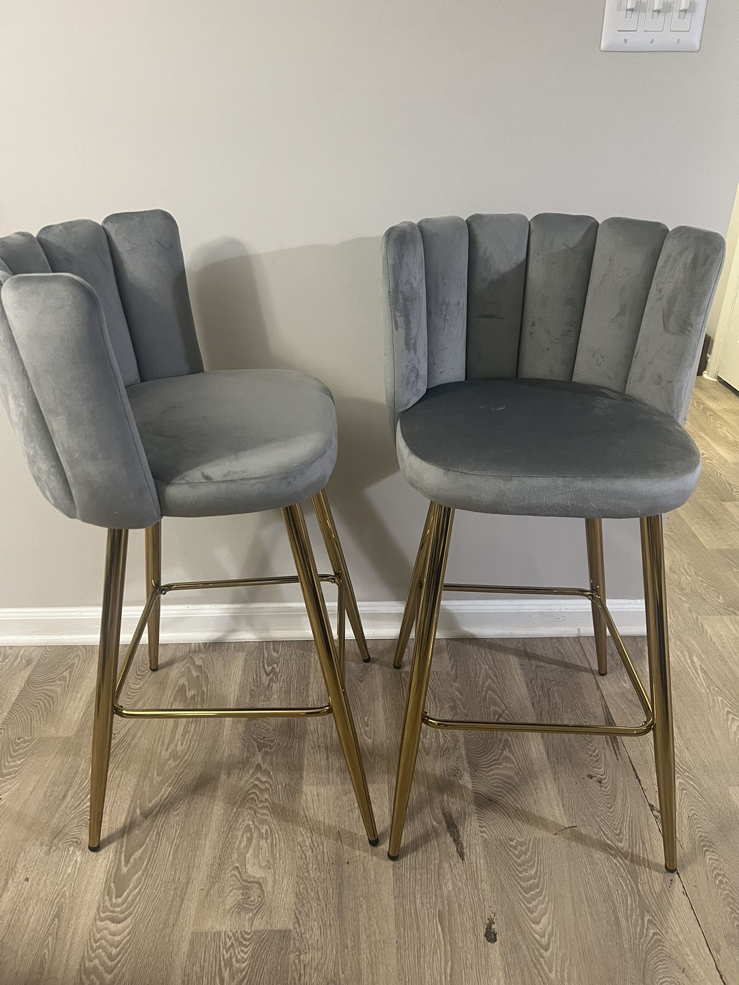 Modern Grey Upholstered Barstools with Gold Legs 30”