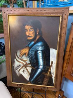 Vintage Framed Signed Oil on Canvas Conquistador Painting
