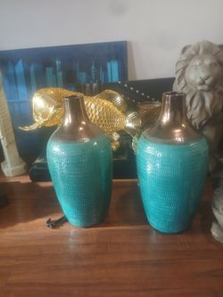 Set 2 ceramic turquoise golden vases