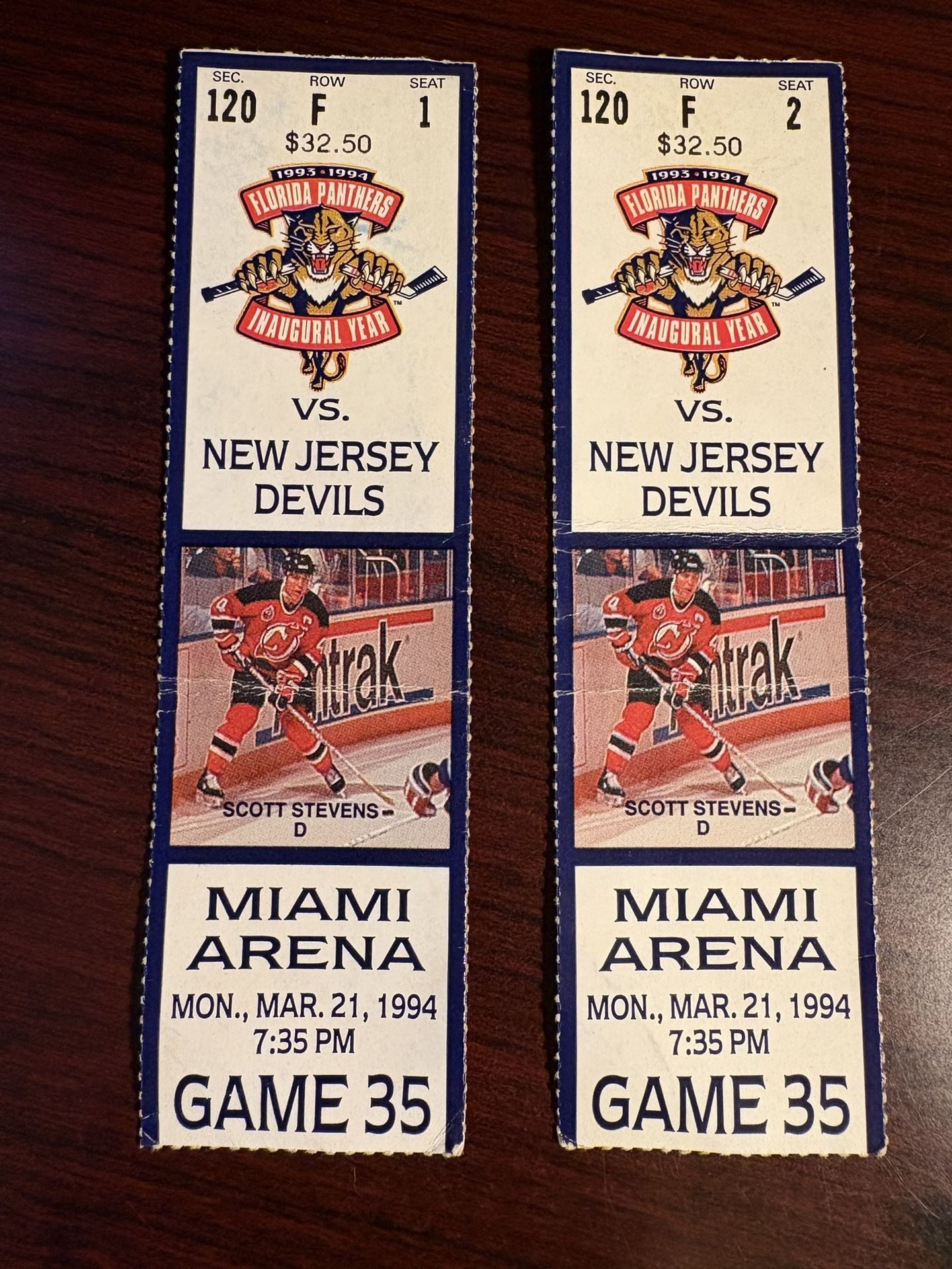 Two Florida Panthers vs New Jersey Devils March 21, 1994 Ticket Stubs.