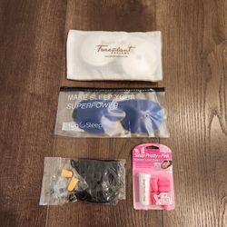 New Various Sleep aids - pink HEAROS earplug, blue eye mask in a bag Hug Sleep, Faceplant Dreams sleep mask etc